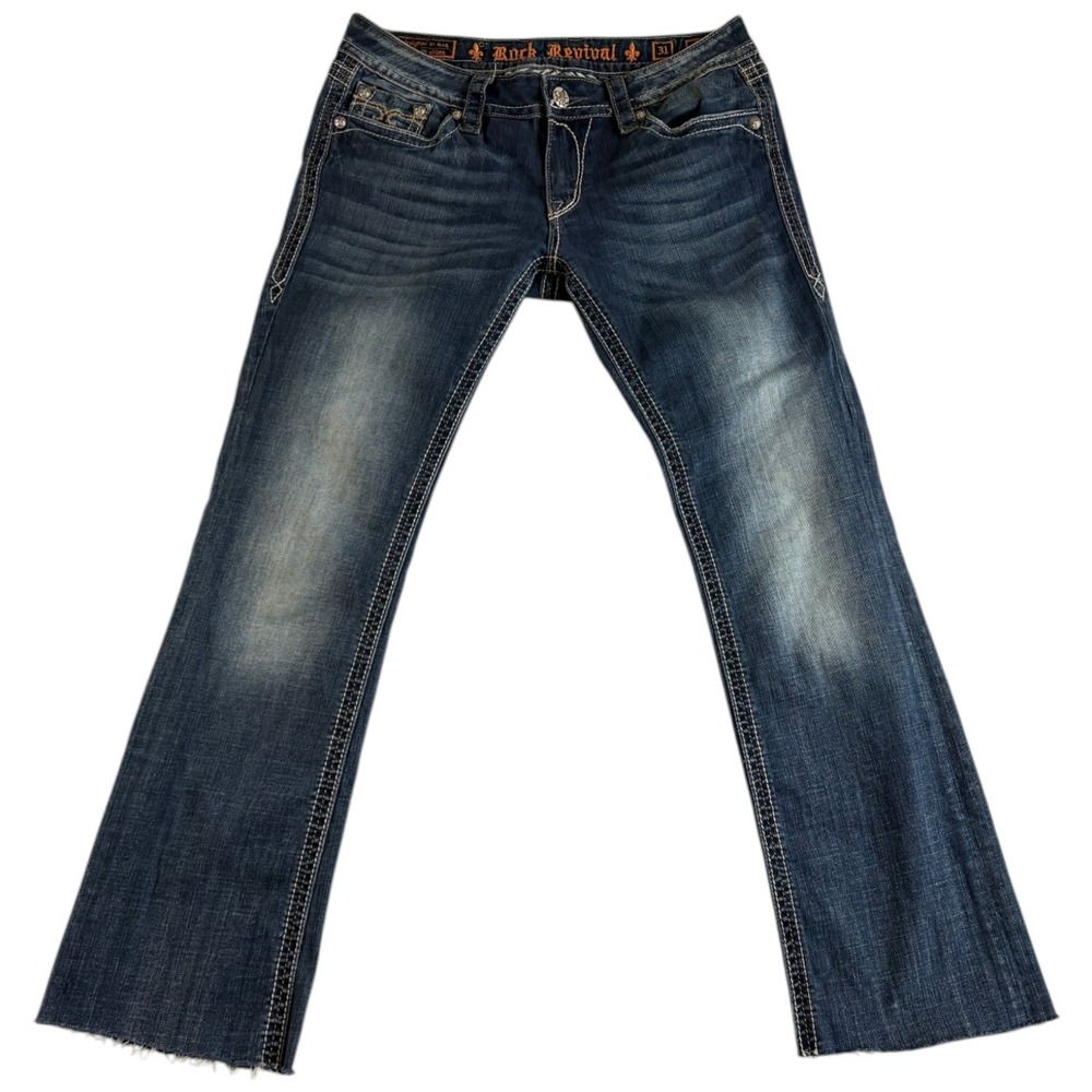 Rock Revival Lois Bootcut Jeans‎ Womens 31 (33x30) Blue Denim Cotton Frayed Hem